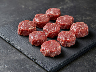 Fresh ground beef patties arranged on slate board, ready for grilling or cooking. Perfect for barbecues or meal preparation, these patties are delicious choice for any meat lover