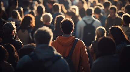 Crowd of people with one highlighted individual standing out, symbolizing the importance of individuality and standing tall amidst a sea of similarities