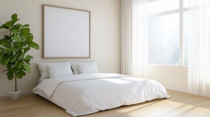 A minimalist bedroom featuring a bed, plant, and natural light.