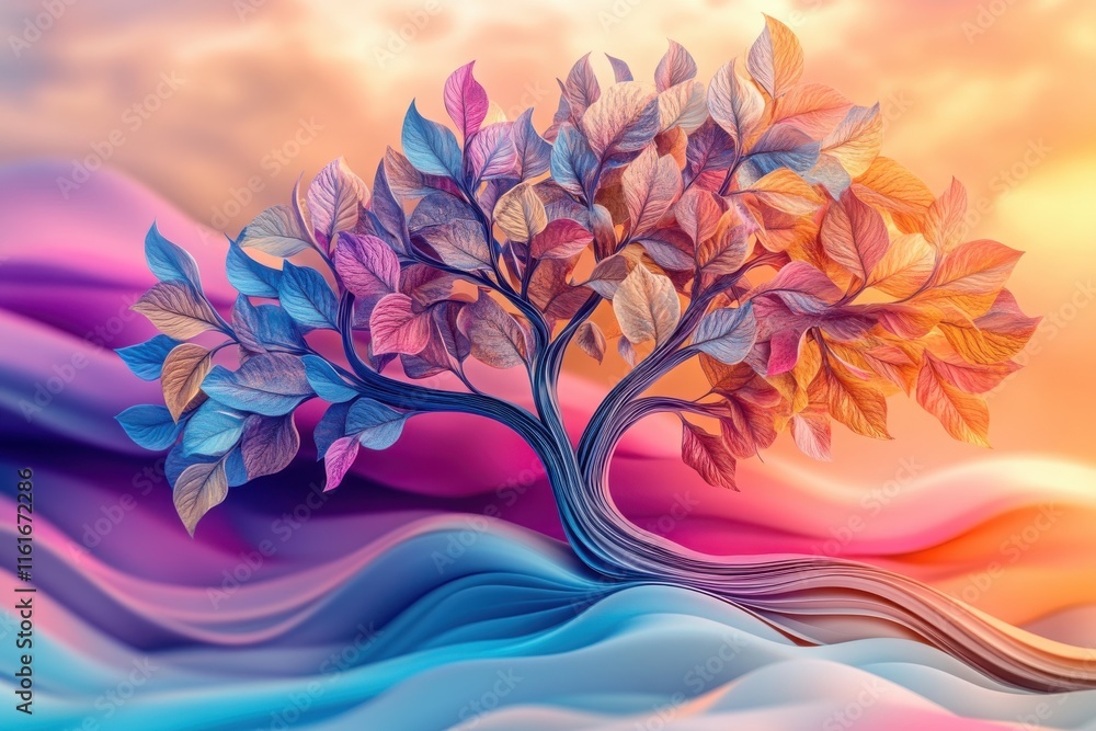 Aufkleber artistic rendering of a colorful tree with dynamic, textured 3d leaves and flowing branches, ideal f