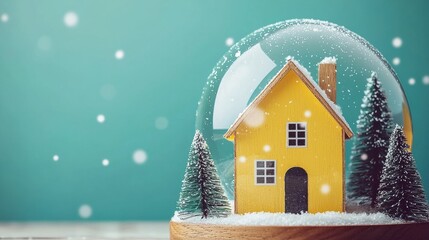 Winter wonderland snow globe with yellow house and evergreen trees cozy home environment
