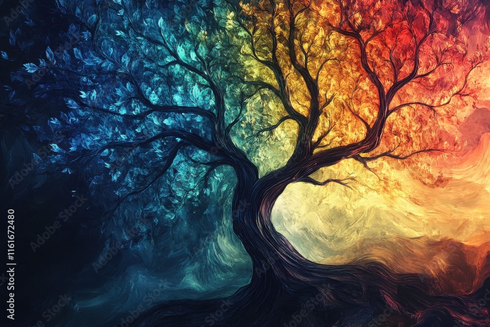 Poster artistic rendering of a colorful tree with dynamic, textured 3d leaves and flowing branches, ideal f