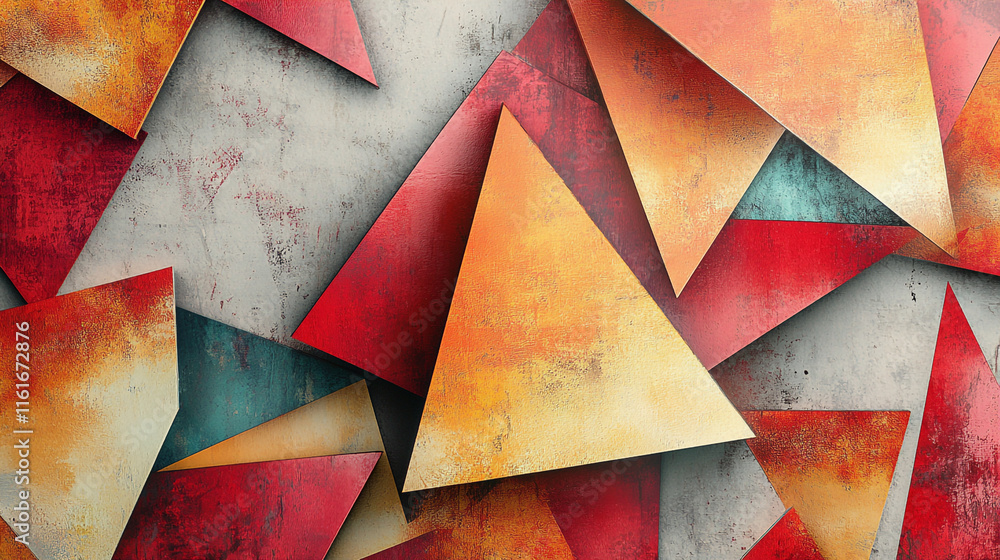 Poster colorful triangular shapes arranged in a modern artistic pattern on a textured background