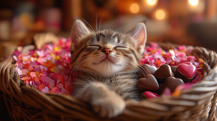 Cat sleeping on Valentine's Day