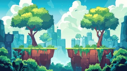 Two Cliffside Platforms with Lush Greenery and a Blue Sky, 2d cartoon for game background and cartoon cover book