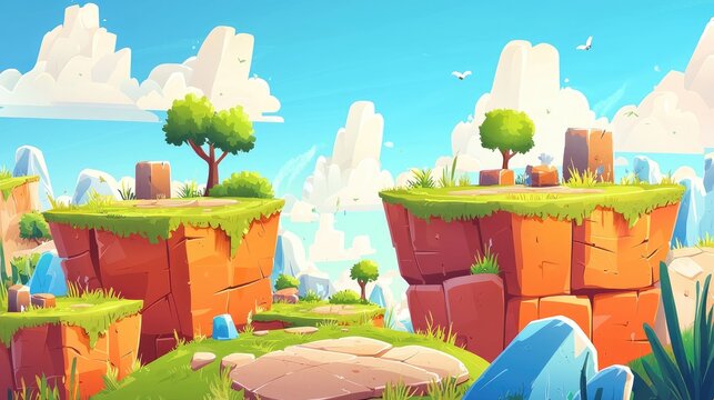 Cartoon Landscape with Two Cliffside Plateaus and Green Grass, 2d cartoon for game background and cartoon cover book