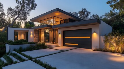 Luxury contemporary house exterior featuring black garage door, white walls, geometric architecture, sleek wall sconces, and LED ambient lighting in twilight atmosphere.