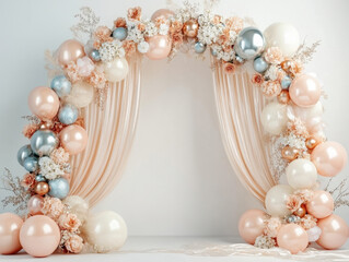 Elegant wedding backdrop with pastel balloons and floral arrangements