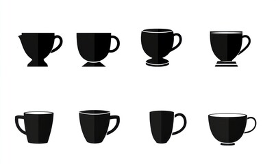 Eight black silhouette teacups and mugs on white.