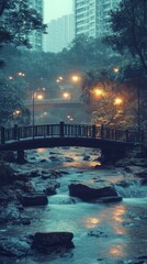 Fototapeta premium A serene bridge over a flowing river, illuminated by soft lights in a misty environment.