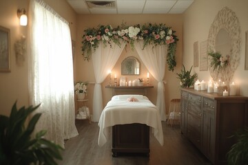 Serene spa room with massage table, floral arch, candles, and sheer curtains.