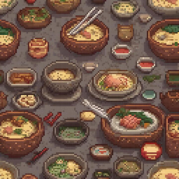 Naklejki Pixel art showcasing a colorful assortment of foods on a table, perfect for food lovers and art enthusiasts.