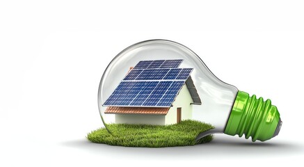 Power usage concept. A light bulb encases a model house with solar panels, symbolizing renewable energy and sustainable living.