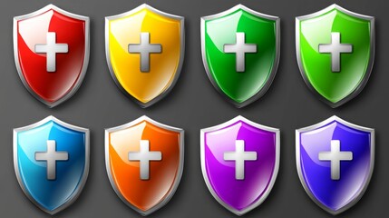 Fototapeta premium Health insurance icon Insurance health medical health protection shield with cross set icons healthcare medicine protected guard shield concept safety badge icon security safeguard label 