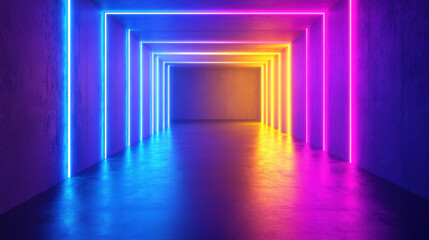 Fototapeta premium Vibrant neon lights illuminate minimalistic corridor, creating stunning visual effect. interplay of blue and yellow hues enhances modern aesthetic of space