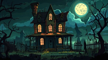 A Haunted House Under a Full Moon with Silhouettes of Trees