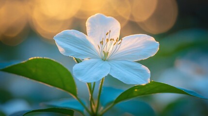 Obraz premium Single white flower in golden sunlight.