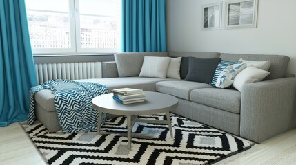 Cozy living room design modern apartment interior decor bright colors natural light