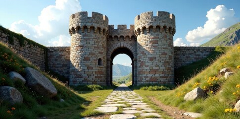 Ancient stone keep, imposing battlements, narrow slits , dark, history