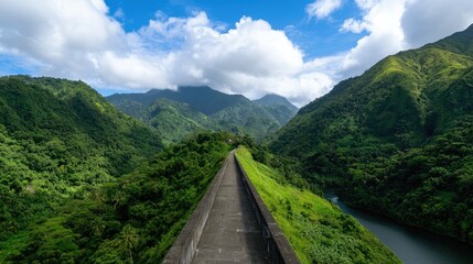 Fototapeta premium A scenic view of lush green mountains under a bright blue sky, featuring a pathway leading through a vibrant landscape.