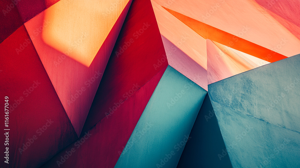 Poster colorful geometric shapes create dynamic light and shadow in modern architecture