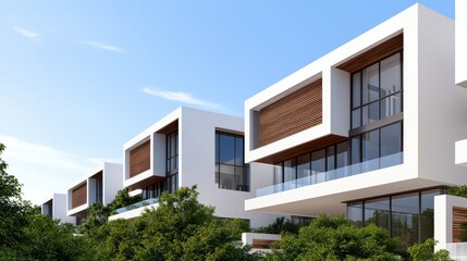 Obraz premium Modern architectural design featuring sleek white buildings with large windows and greenery, set against a clear blue sky.