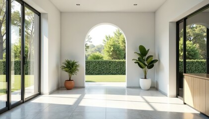 Obraz premium Bright minimalist entryway, large windows showcasing natural light, light, sleek, airy