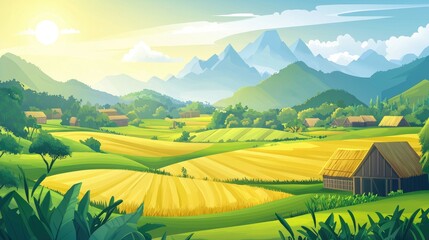 Obraz premium Picturesque Rural Landscape with Rolling Hills and Distant Mountains, 2d cartoon for game background and cartoon cover book