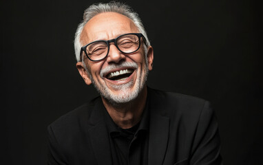 Happy elderly man laughing with glasses, showcasing joy and wisdom. His bright smile and stylish attire reflect vibrant personality and zest for life