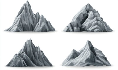 Four realistic grey mountain peak icons isolated on white.