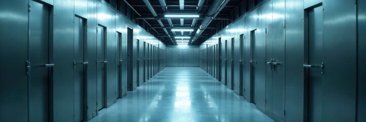 Clean, minimalist morgue Polished steel surfaces reflect bright overhead lights , surgical, pathology, lab