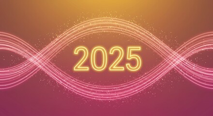 Glowing into 2025: A radiant, abstract design features a vibrant, neon-style "2025" centered within a wave of sparkling, pink light, promising a bright and hopeful new year. 