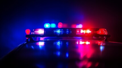 Police car chasing a car at night with fog background. 911 Emergency response police car speeding to scene of crime. Selective focus