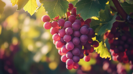 Fresh pink grapes hanging from vine in vineyard, illuminated by sunlight, showcasing their vibrant color and lush green leaves. perfect representation of nature bounty