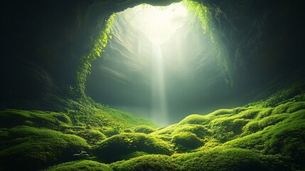 Sunbeam illuminating mossy cave floor.