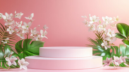 beautiful showcase with white podiums surrounded by tropical flowers and green leaves on pastel pink background, creating serene and elegant atmosphere