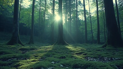 Obraz premium Sunbeams illuminate mossy forest floor.