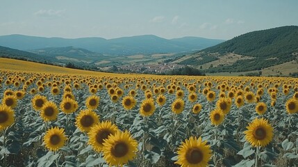 Obraz premium Sunflowers blooming in a vast field with mountains in the background.
