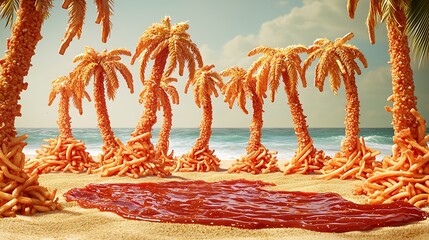 A beach scene with palm trees made entirely of french fries and a ketchup sea.
