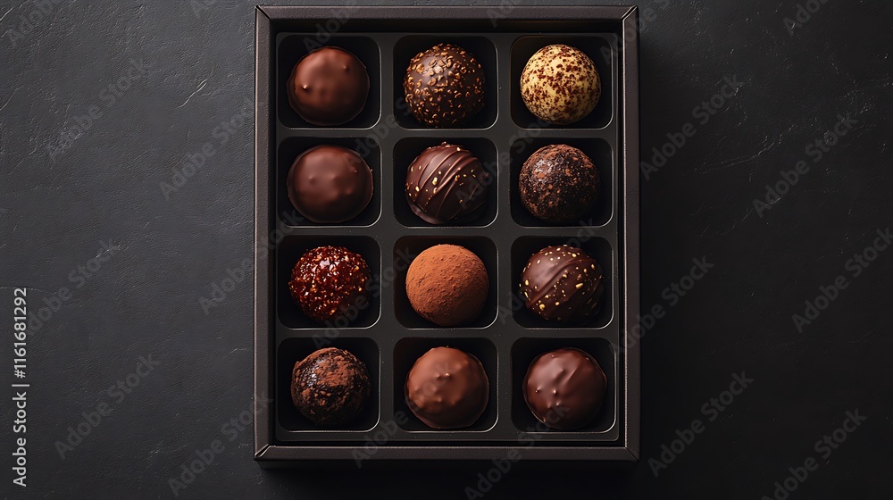 Aufkleber a box of assorted gourmet chocolates arranged in a grid pattern.