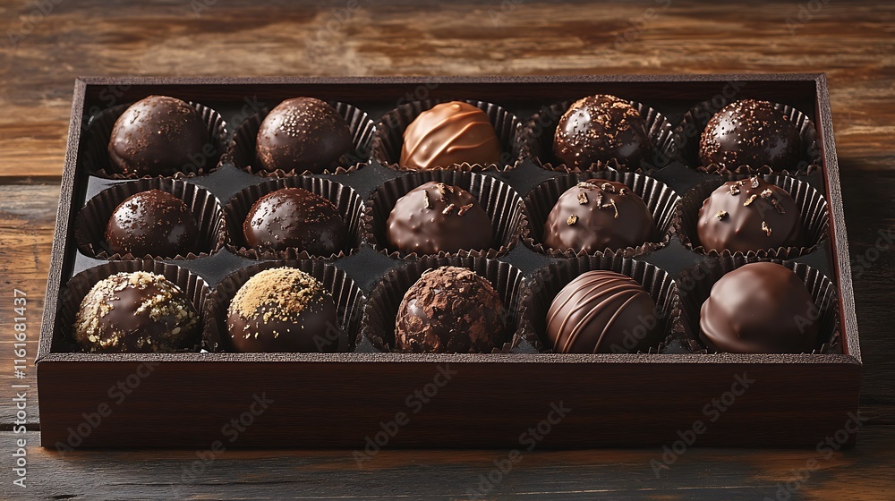 Poster a box of assorted chocolate truffles arranged neatly for gifting or indulgence.