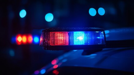 Closeup of Police Lights on Dark Street at Night,