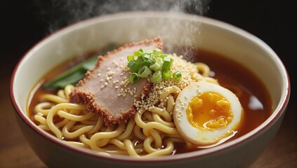 A steaming bowl of ramen with noodles, a soft-boiled egg, green onions, and sesame seeds.