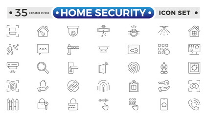 Set of Home Security web icons in line style. Guard, cyber security, password, smart home, safety, data protection, key, shield, lock, unlock, eye access. Security editable stroke outline icon. 