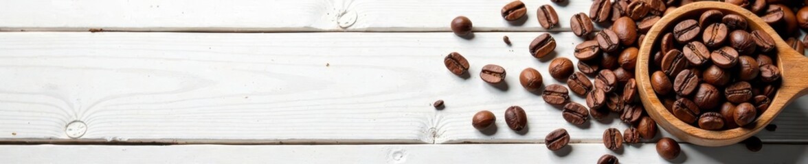 Fototapeta premium Super-foamy Dalgona, coffee beans scattered, white & oak backdrop , cozy, coffee