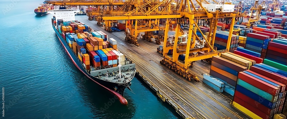 Aufkleber a busy shipping port with containers and cranes loading cargo onto a ship.