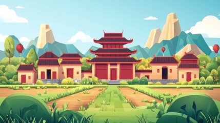 Traditional Chinese Architecture Amidst Lush Green Fields and Mountains