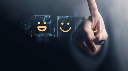 Customer service and Satisfaction concept ,Business people are touching the virtual screen on the happy Smiley face icon to give satisfaction in service. rating very impressed
