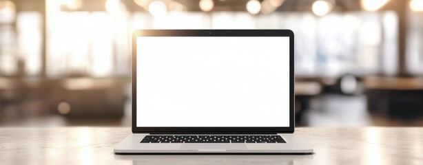 realistic photo of open laptop on plain table, showcasing blank screen in bright, modern workspace. warm lighting creates welcoming atmosphere