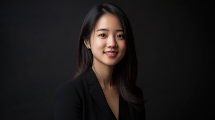 confident woman in black suit poses against dark background, exuding professionalism and elegance. Her smile reflects positive and approachable demeanor